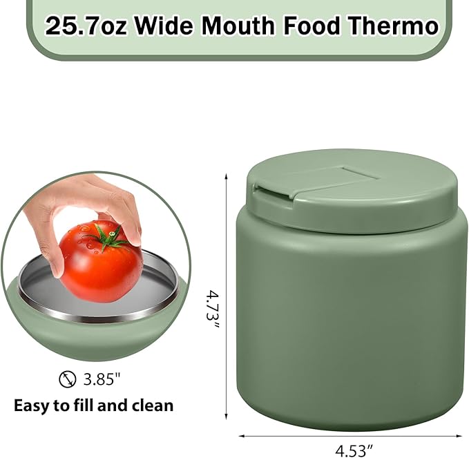 26oz Kids Jar for Hot Food, Insulated Vacuum Food Jar with Buckle Lid, Stainless Steel Wide Mouth Leak Proof Insulated Lunch Container for School Picnic Travel, Green