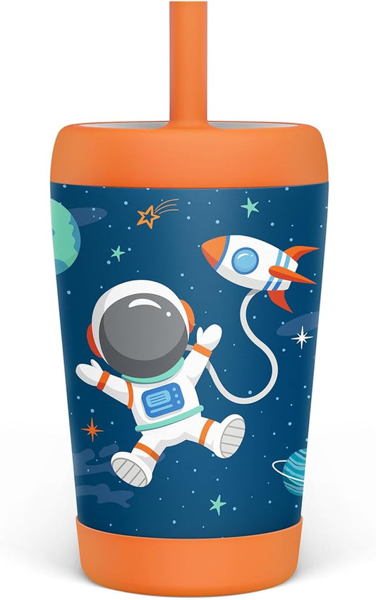 Kid Insulated Stainless Steel Tumbler with Silicone Straw, 12oz Sippy Cup for Kids (Astronaut)