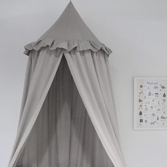 Kids Bed Canopy with Frills Cotton Cover Net for Crib Reading Nook Curtain Hideaway Hanging Round Tent Nursery Bedding Play Room Decor