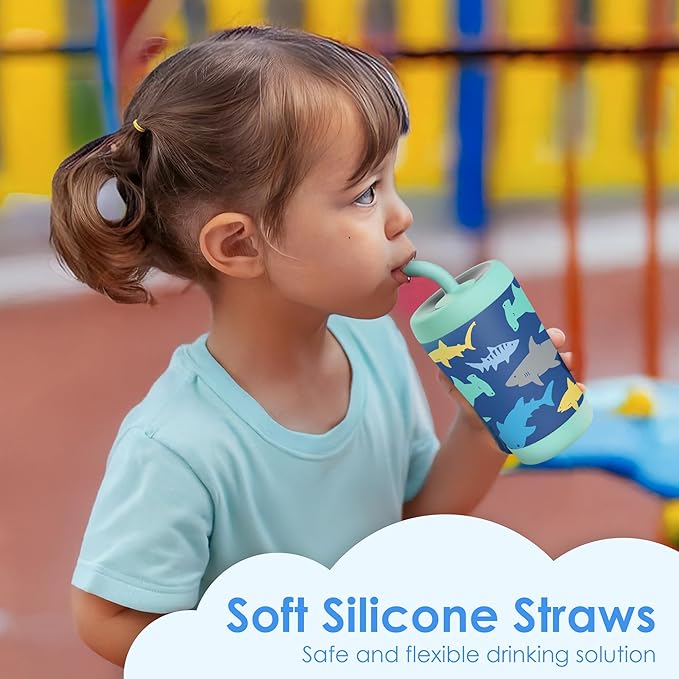 Kid Insulated Stainless Steel Tumbler with Silicone Straw, 12oz Sippy Cup for Kids (Sharks)