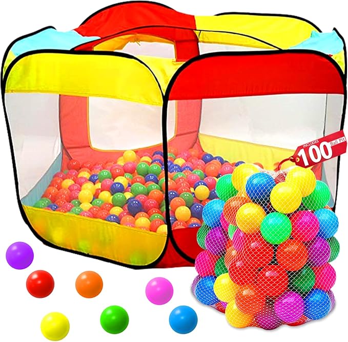 Kids Ball Pit Pop Up Large Tent for Toddlers - Indoor & Outdoor Gift Toys for Infants Girls & Boys, Baby Playpen with Zippered Storage Bag, 100 BallPit Balls Included
