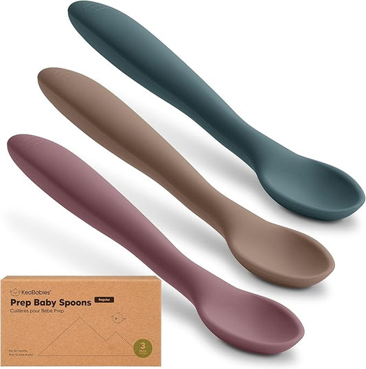 KeaBabies Silicone Baby Spoons, Self Feeding 6-12 months - 3-Pack Baby Weaning Eating Utensils, Toddler First Food Training Spoon, Infant, Kids Feeding Supplies Essential Set, Dishwasher-safe (Rocky)