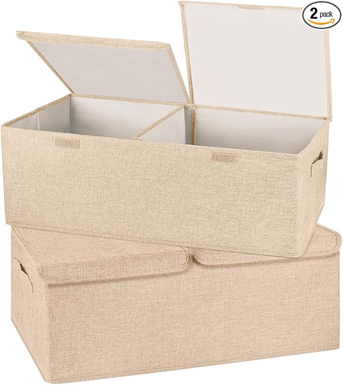 2 Pack Storage Boxes with Lids and Handles, Collapsible Linen Storage Bins Organizer Containers Baskets Cube with Removable Divider for Home Bedroom Closet Office (Khaki, Small)