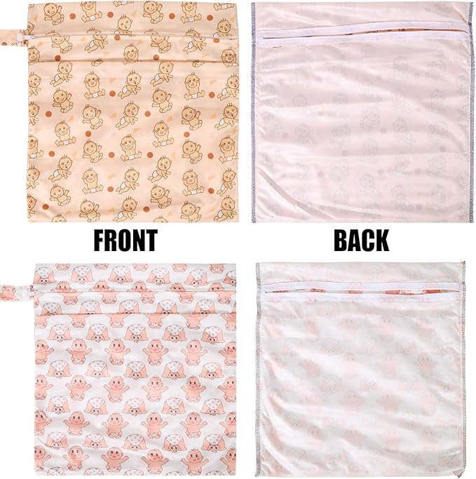 2pcs Travel Waterproof Laundry Bag, Cloth Diaper Wet Dry Bags with Handle & 2 Zipper Pockets, Reusable Washable Dirty Clothes Bag for Baby Adult Travelling Hanging, Bathing Beach Pool Daycare