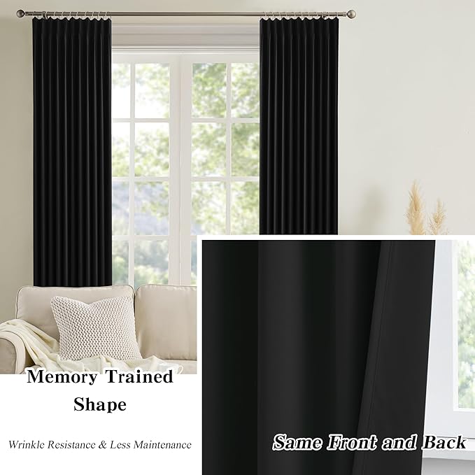 KEQIAOSUOCAI 80 Inch Wide Black Pinch Pleated Curtains 80 x 102, Thermal Insulated Noise Cancelling Living Room Office Drapes 102 Inches Long, Patio Sliding Glass Door Window Curtain 2 Panels