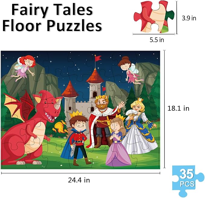 Jumbo Fairy Tales Floor Puzzle for Kids, Large Jigsaw Puzzles 35 Piece for Kids Ages 3-5,Preschool Learning & Education Toys, Gifts for 4-8 Year Old Boys and Girls (Kingdom Story)