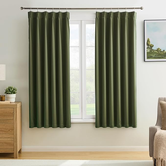 KEQIAOSUOCAI Dark Olive Pinch Pleated Curtains 63 Inches Long for Short Windows, Room Darkening Blackout Curtain Drapes for Bedroom 40 x 63 Inch -2 Panels