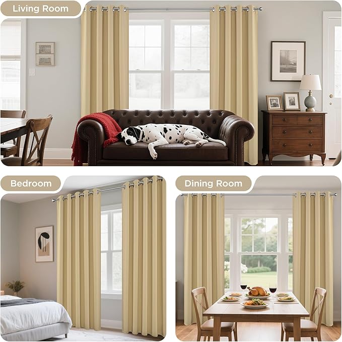 Joydeco Blackout Curtains 63 Inch Length 2 Panels Set, Thermal Insulated Long Curtains& Drapes 2 Burg, Room Darkening Grommet Drapes for Living Room Bedroom Window (W52 x L63 Inch, Beige)