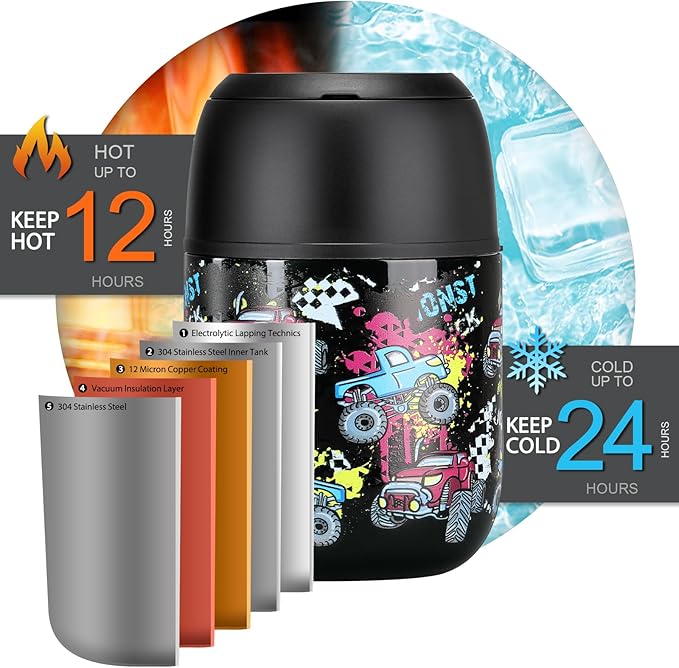 17 oz Insulated Lunch Containers Hot Food Jar, Wide Mouth Lunch Thermo for Kids Adults, Vacuum Stainless Steel Lunch Box With Handle Folding Spoon for School, Office Black - Car