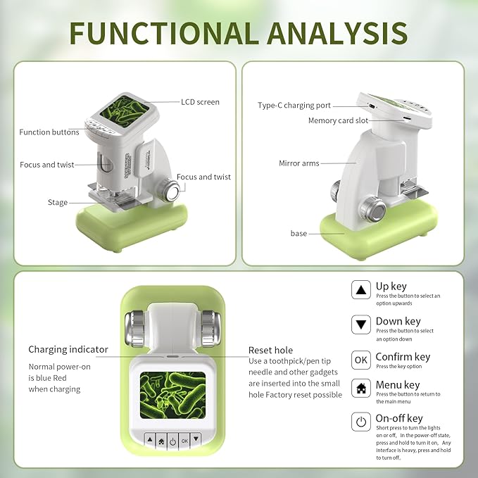 1200X Microscope for Kids with 2 inch Screen STEM Digital Science Kit Rechargeable Handheld Mini Pocket Children Students Slides Portable Gift for Kids Ages 6 to 12 (Green)