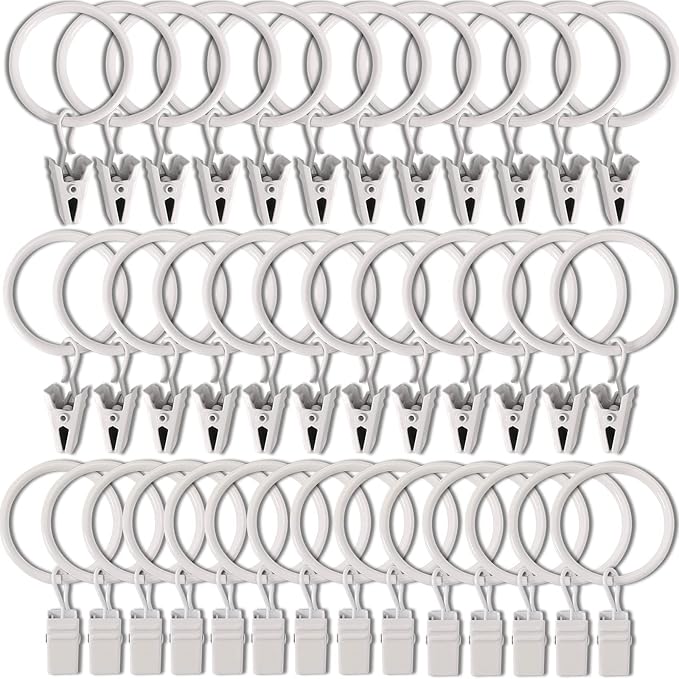 100 Pack White Curtain Rings with Clips, Curtain Hooks Hangers Clip Rings for Hanging Drapes Bows Hat, Drapery Rings 1.26 in I D, Fits up to 1 in Diameter Curtain Rod.