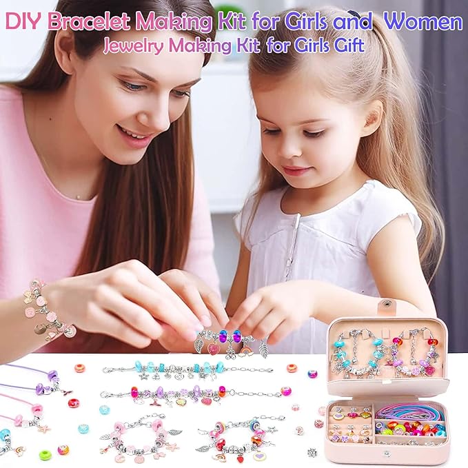 140 PCS Charm Bracelet Making Kit for Girls Age 8-12 Charm Beads for Kids Jewelry Making DIY Bracelet Craft Kit for Girls Valentine Christmas Birthday Gifts with Portable Bracelet Box