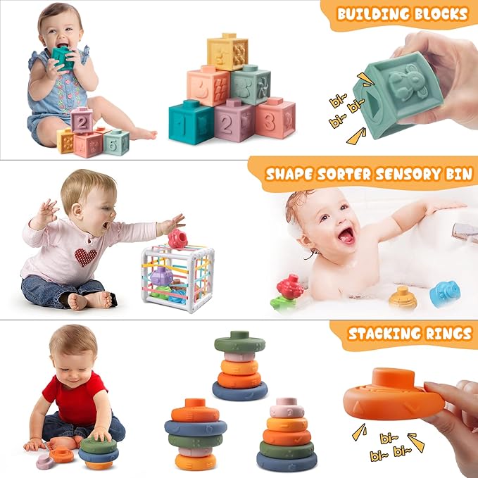 4-in-1 Baby Toys for 6-12 Months, Montessori Soft Stacking Blocks for Babies, Infants Teething Toys, Sensory Balls and Educational Learning Set for Toddlers (Boys & Girls)