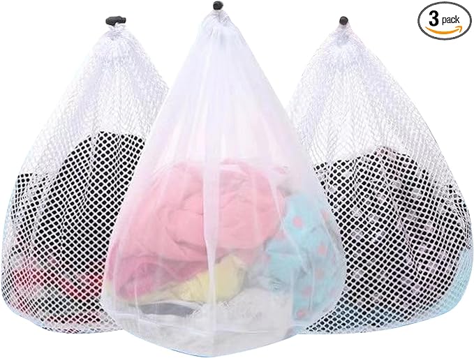 3Pcs Mesh Laundry Bags Washing Machine Mesh Wash Bags Jumbo for Delicates Clothes,Bed Linen,Toys with Drawstring Closure Sturdy(3 XXLarge 28 x 26 Inches)
