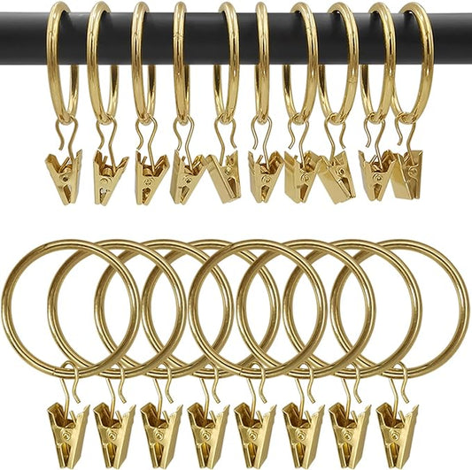100 Pack Gold Curtain Rings with Clips, Curtain Hooks Hangers Clip Rings for Hanging Drapes Bows Hat, Drapery Rings 1.5 in I D, Fits up to 1.2 in Diameter Curtain Rod.