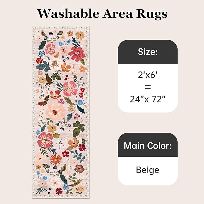 2x6 Runner Rugs for Hallways Non Slip with Rubber Backing Stain Resistant Area Rug Washable Beige Boho Floral Ultra-Thin Carpet Rugs Indoor for Entryway Kitchen Bedroom Laundry Bathroom Stairwell