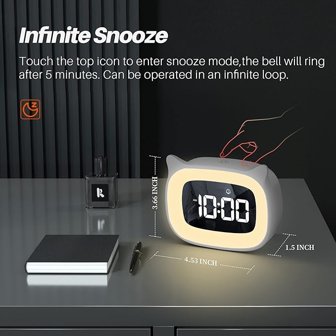 Kids Alarm Clock with Night Light & 18 Ringtones,Rechargeable,Cute Cat Ear Clock for Boys Girls Birthday Presents,Digital Clock for Children's Bedroom(White)