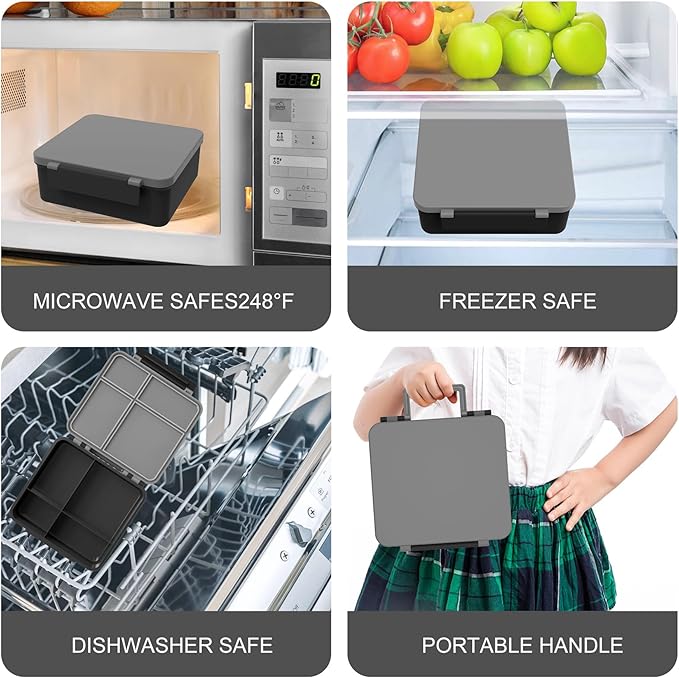 Kids Bento Lunch Box with 8oz Soup Thermo, Water Bottle, Kids Leakproof Lunch Food Containers with 4 Compartment, Insulated Hot Food Jar with Lunch Bag for School, Trvael (Black)