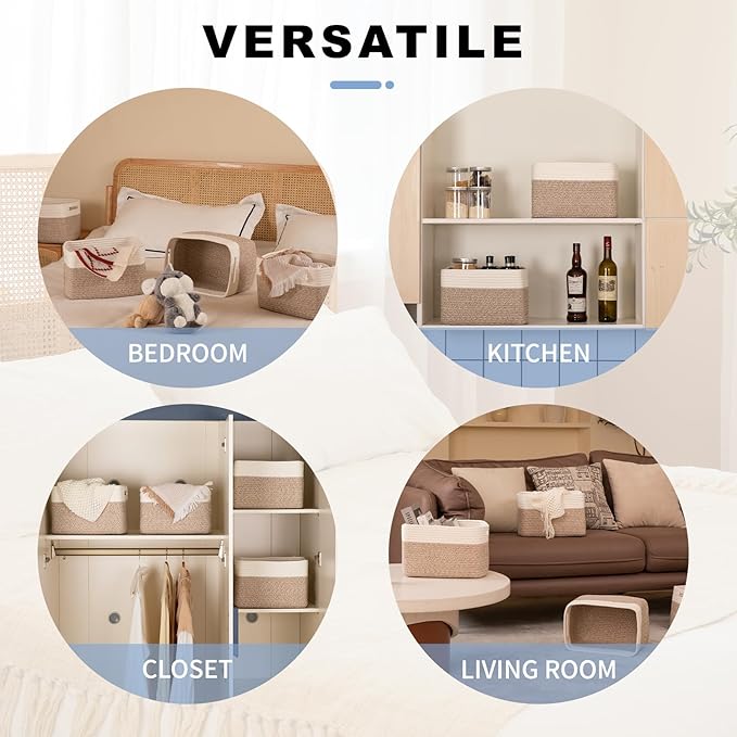 4 Pack Storage Baskets for Organizing, Woven Baskets for Shelves - Perfect for Toys, Books, Towels, and Clothes, Durable Gift Basket Bins Toy Storage, 12.7''Lx9''Wx7.8''H, Brown & White