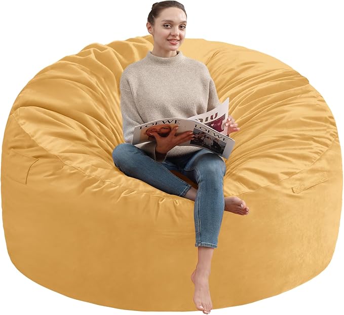 3FT Bean Bag Chair, Comfy Bean Bag Chairs with Memory Foam Filled, Fluffy Beanbag Sofa with Dutch Velvet Cover, Round BeanBag Chairs for Living Room, Playroom - Mustard