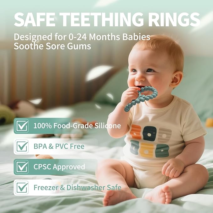 3 Pack Baby Teething Toys 3-6 Months, Silicone Ring Teethers for Babies 6-12 Months, Freezer Safe Chew Toy with Textured Grip for Boys Girls Teething Relief, Infant Easter Gift (Mint Green Blue)