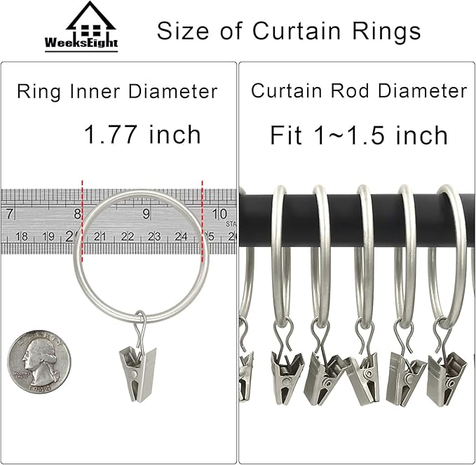20 Pack Matte Silver Curtain Rings with Clips, Curtain Hooks Hangers Clip Rings for Hanging Drapes Bows Hat, Drapery Rings 1.77 in I D, Fits up to 1.5 in Diameter Curtain Rod.