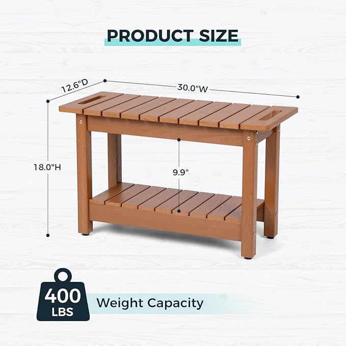30" Shower Bench, Waterproof Poly Lumber Shower Stool for Shaving Legs, Shower Chair Seat Holds up to 400lbs, Bathroom Bench for Inside Shower, Non-Slip (Brown)