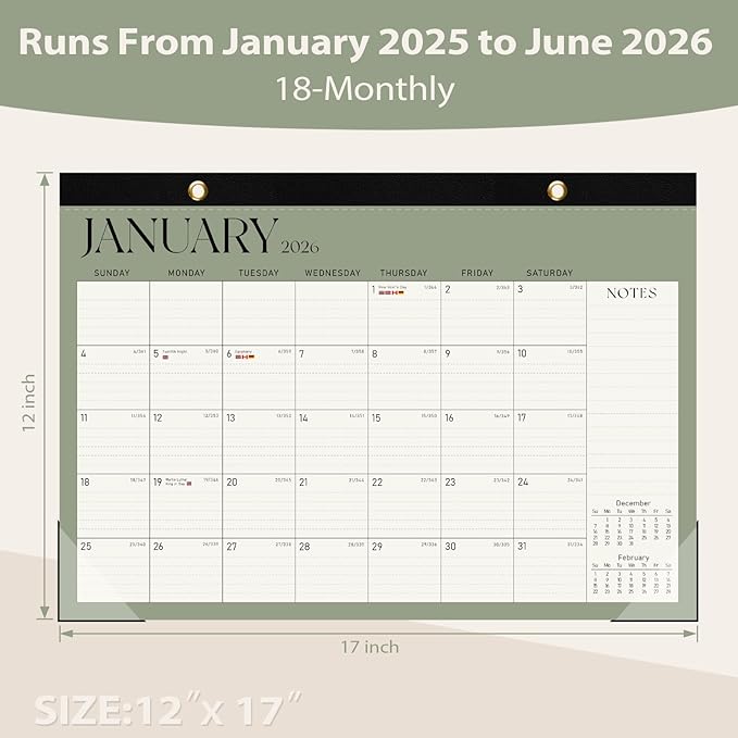 2026 Desk Calendar, Large Desktop/Wall Monthly Calendar (Jan. 2026 - Jun. 2027) 17'' x 12'' School Year Desk Planner for Teacher Family Office Supplies