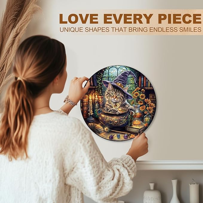 KAAYEE Wooden Puzzles for Adults, 3D Visual Effect Magic Feline Cat Wooden Jigsaw Puzzle Unique Shape Wood Puzzle Adult, 3D Effect Flat Puzzle Birthday Family Game (S-8.5 * 8.5 in-100pcs)