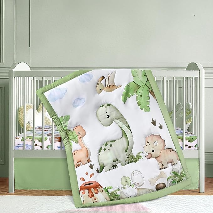 3 Pcs Baby Crib Bedding Set Safari Animals Dinosaurs Bear Woodland Animals Jungle Crib Set Includes Quilt, Fitted Sheet, Skirt for Baby Boy Girl(Green,Dinosaur)