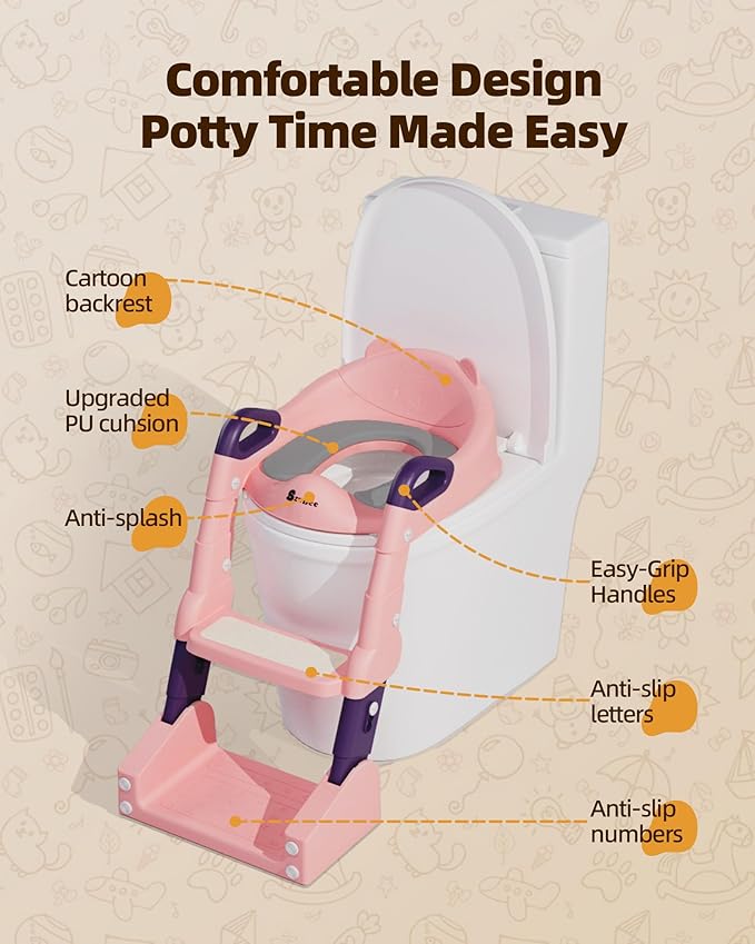 3-in-1 Potty Training Toilet, Toddler Toilet Seat with Step Stool, Foldable Potty Ladder with Potty Chart, PU Cushion, Splash Guard, Anti-Slip Steps & Urinal for Girls & Boys, Pink