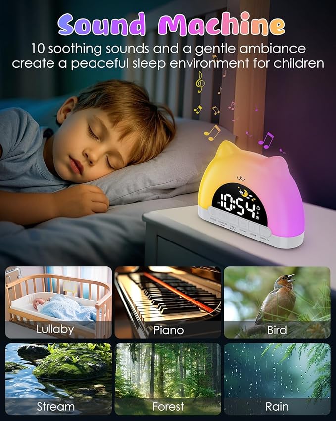 Kids Alarm Clock, OK to Wake Clock for Kids, Cat Clock with 11 Colors Night Light, 10 Soothing Sounds, Child Lock, Dual Alarms, Sleep Training, Birthday Gift for Boy Girls Children