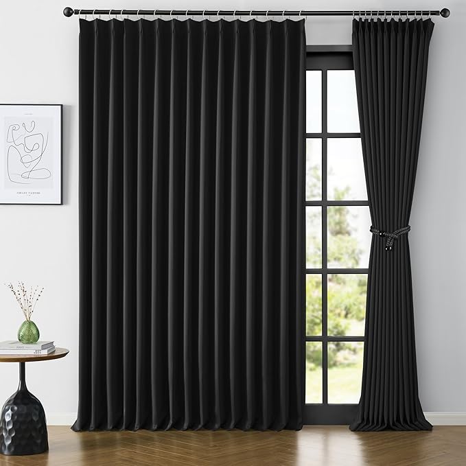 KEQIAOSUOCAI Extra Wide Black Pinch Pleated Curtains 100 x 90, Thermal Insulated Noise Cancelling Living Room Drapes 90 Inches Long, Patio Sliding Glass Door Window Curtain 2 Panels