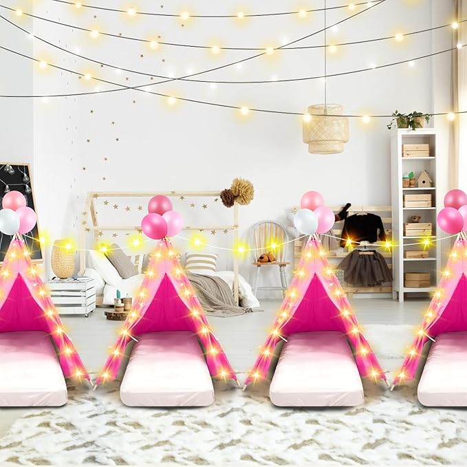 2 Pack Kids Teepee Tent with Mattress,Fitted Sheet,Light String,Washable Natural Cotton Toddler Play Tent for Girls Boys Indoor Outdoor Sleepover Slumber Birthday Party(Rose Red)