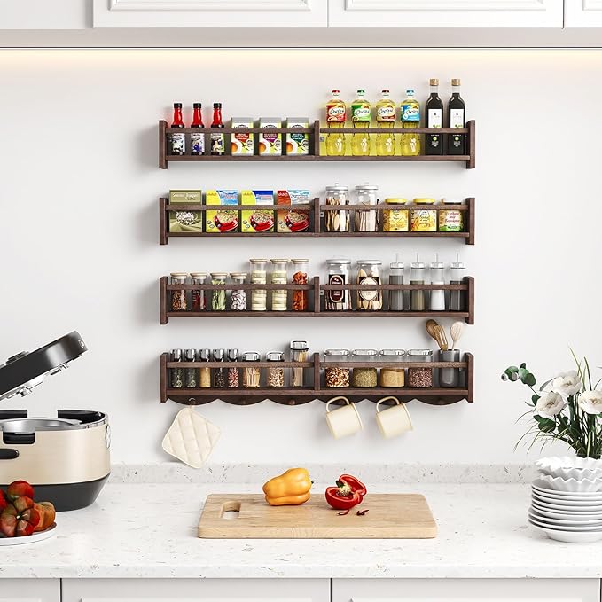 34Inch Nursery Bookshelves,Set of 4,Wall Floating Shelf Kids Coat Rack with 6Hooks,Hanging Book Shelf for Baby Nursery Room Décor (Dark Brown, 34)