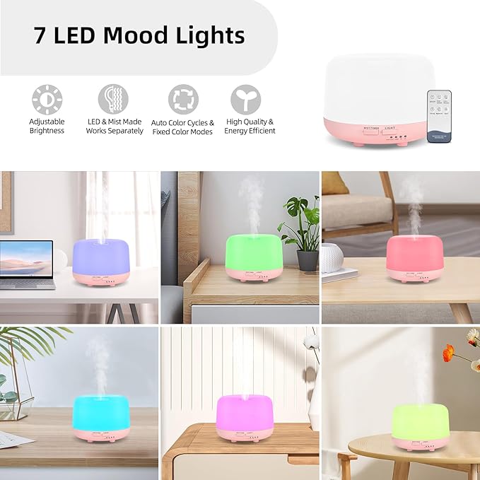 300ML Essential Oil Diffusesrs Remote Control, Aromatherapy Ultrasonic Diffuser, Cool Mist Aroma Humidfier Diffuser, 7 Color Changing LED Light, Auto-Off, Timer for Home, Room, Office, Kids.(Pink)