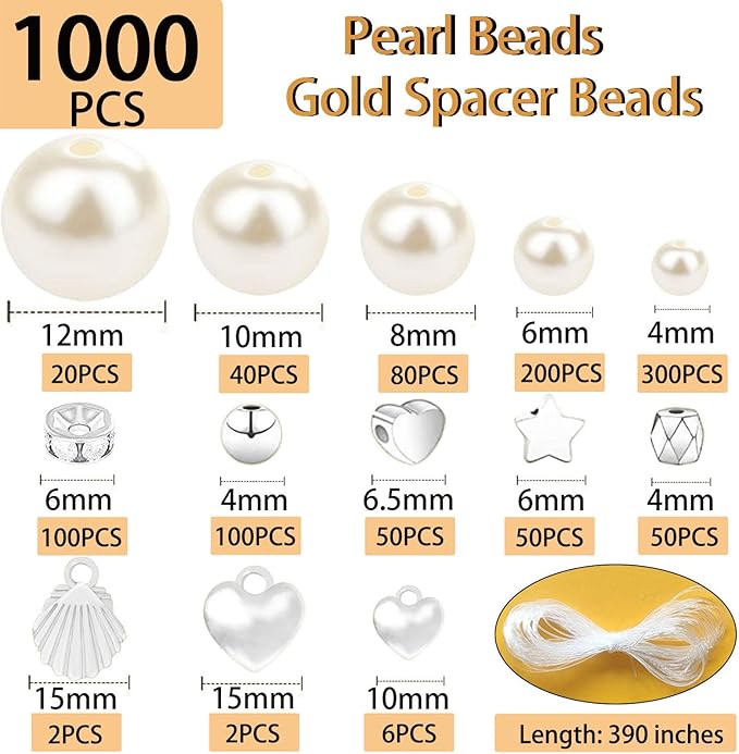 1000Pcs Pearl Beads for Bracelets Making, Pearl Beads for Jewelry Making for Adults, Silver Bracelet Beads DIY Kit, Silver Spacer Beads for Bracelets, Women Friendship Bracelet Making Kit (Silvery)