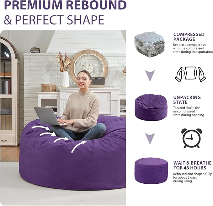 3FT Bean Bag Chair, Comfy Bean Bag Chairs with Memory Foam Filled, Fluffy Beanbag Sofa with Dutch Velvet Cover, Round BeanBag Chairs for Living Room, Playroom - Purple