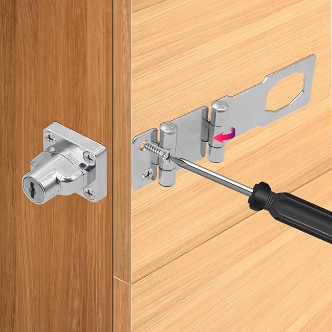 KIBBEH 1 Pack Door Lock Hasp Latchs, Collapsible Solid 304 Stainless Steel File Cabinet Lock Desk Drawer Lock, for 90 Degree and 180 Degree Drawers, Dabinets, Doors, Flip Barn Door (Universal Key)