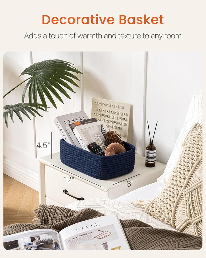 KALLAX Small Woven Basket, 12 x 8 x 4.5 Inches, Storage Basket for Organizing, Cute Small Rope Shelf Closet Cube Storage Bins Baskets for Shelves, Dog Toy Gift Baskets Empty, 3 Packs, Navy Blue