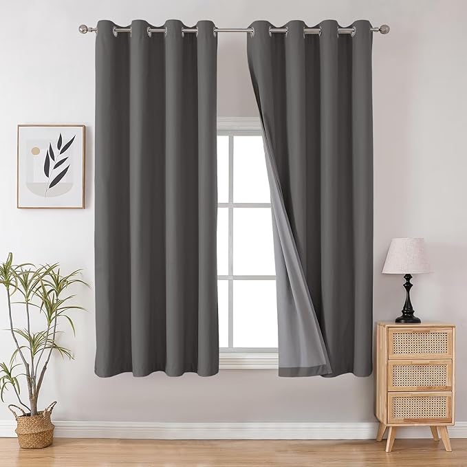 Joydeco Dark Grey Blackout Curtains 63 Inch Length for Bedroom, Grommet Thermal Insulated Curtains 63 Inch Length for Livingroom, Solid Polyester Room Darkening Drapes 63 Inches Long