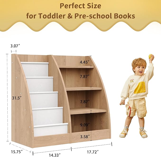 4 Tier Kids Bookshelf,4 Layer Sling Kids Book Shelf for Kids Rooms,Wood Children Bookcase,Baby Storage Book Rack,Toddler Bookshelf, Book and Toy Organizer,Book Display Shelf for Bedroom, Nursery