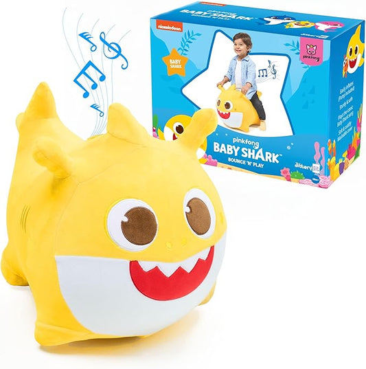 JITTERYGIT Baby Shark Official Bouncy Hopper Plush Musical Singing Toy - Inflatable Animal Ride On for Indoor & Outdoor - Birthday Gift for Kids & Toddlers (Boys & Girls) Ages 18+ Months (Yellow)