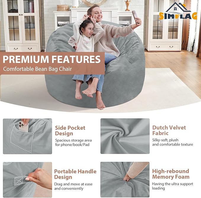 3FT Bean Bag Chair, Comfy Bean Bag Chairs with Memory Foam Filled, Fluffy Beanbag Sofa with Dutch Velvet Cover, Round BeanBag Chairs for Living Room, Playroom - Light Grey