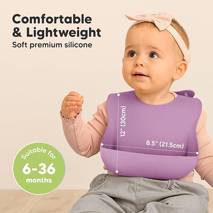 KeaBabies 2-Pack Silicone Baby Bibs for Eating - Sturdy Food-Grade Silicone Bibs for Babies Girl, Boy, Large Food Catcher, Clean & Put On Easily, Waterproof Toddler Feeding Essentials (Amethyst)
