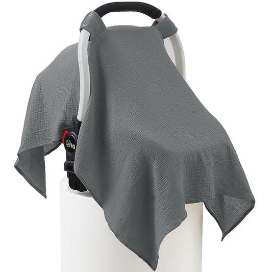 100% Muslin Cotton Car Seat Cover Baby, Carseat Canopy Cover, Universal Fit Stroller Covers for Boys and Girls (Grey)