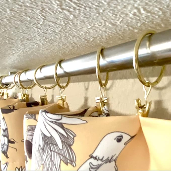 100 Pack Gold Curtain Rings with Clips, Curtain Hooks Hangers Clip Rings for Hanging Drapes Bows Hat, Drapery Rings 1.5 in I D, Fits up to 1.2 in Diameter Curtain Rod.