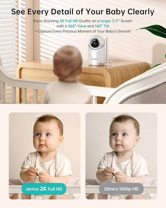 2K Video Baby Monitor with Camera and Audio, 3000ft Long Range Baby Monitor No WiFi 5.5" FHD Screen ANC Baby Camera Wireless, Feeding Clock, Night Vision, 2-Way Talk, AI Cry Detect, 6000mAh