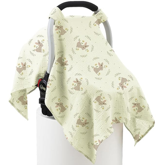 100% Muslin Cotton Car Seat Cover Baby, Carseat Canopy Cover, Universal Fit Stroller Covers for Boys and Girls (Cute Rabbit)