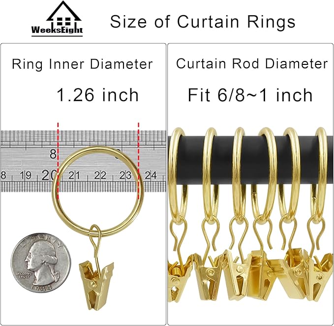 100 Pack Gold Curtain Rings with Clips, Curtain Hooks Hangers Clip Rings for Hanging Drapes Bows Hat, Drapery Rings 1.26 in I D, Fits up to 1 in Diameter Curtain Rod.